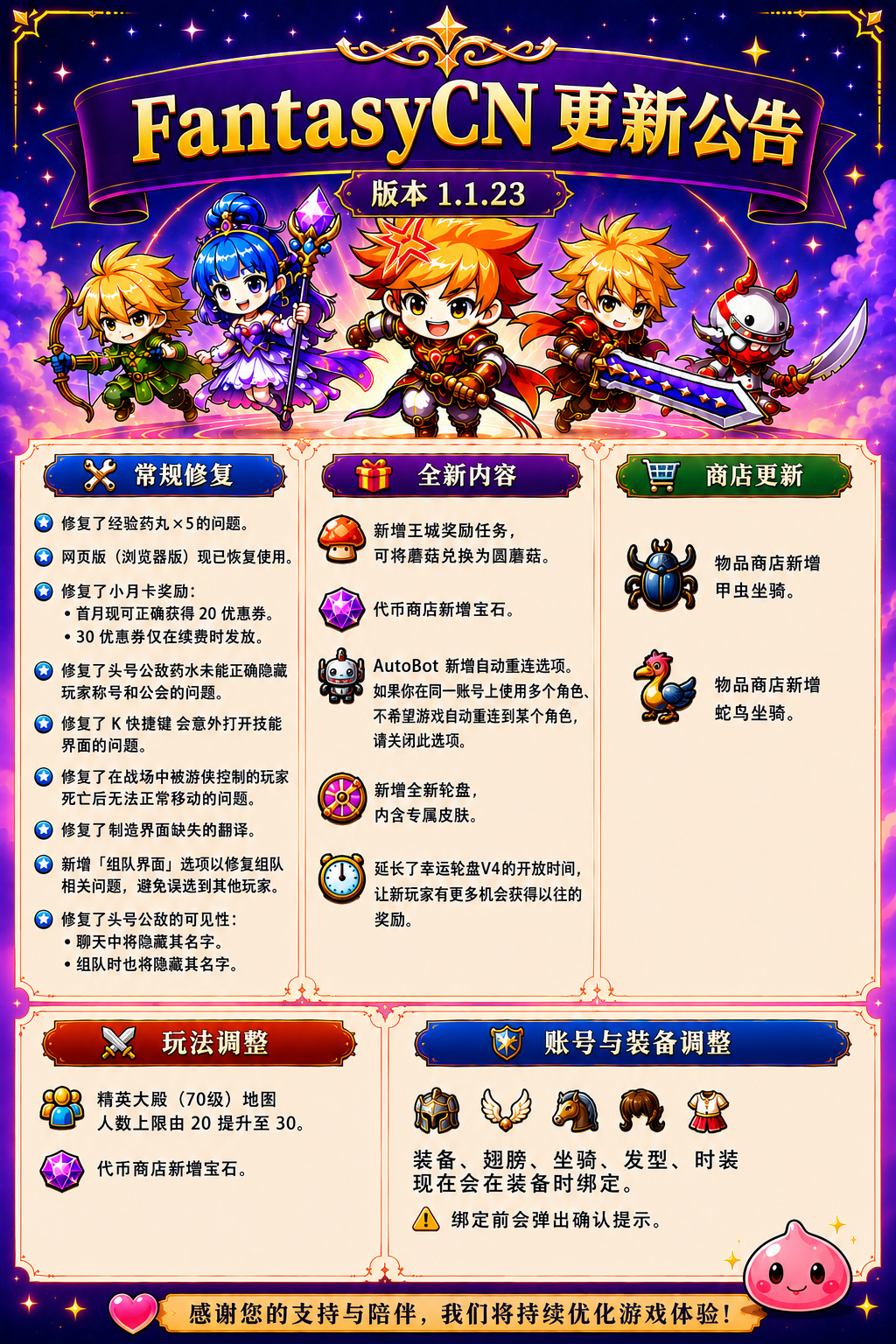 版本1.1.23更新公告：常规修复、全新内容、商店更新、玩法调整、账号与装备调整