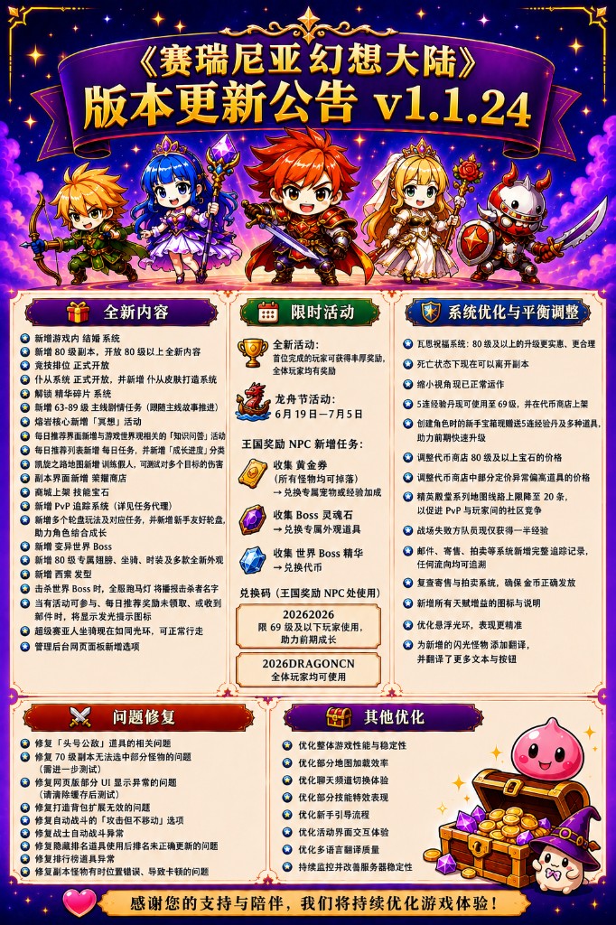 版本1.1.24更新公告：全新内容、限时活动、兑换码、系统优化与平衡调整、问题修复、其他优化